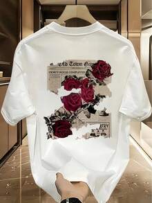 Men's Halloween Costume, Vintage Rose Print T-Shirt, Unisex Valentine's Day Clothing, Lovers' Clothing, Short-Sleeved Crew Neck T-Shirt, Pure Cotton, American Summer Style, Oversized, With A Unique Design, Radiating A High-End Casual Fashion Feel, Perfect For Couples. - 白色 - 查看 10