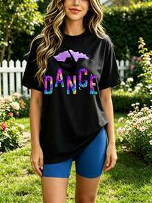 Camiseta suave 100% algodón. Camiseta de baile negra con estampado colorido de texto y silueta de baile para actividades al aire libre. Camiseta de algodón transpirable, combina con todo. Genial. - Negro - Ver 5