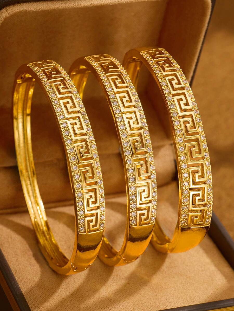 Bộ 1/2/3 chiếc vòng tay nữ mạ vàng kiểu dáng cổ điển, thời trang, đính đá Zirconia hai hàng sáng bóng, họa tiết Trung Đông, đường kính 60mm, có thể mở ra, thích hợp cho nữ đeo hàng ngày, không kèm hộp. - Vàng - Xem 1