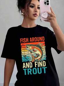 Camiseta de manga corta con estampado gráfico de peces y truchas para mujer, informal, suave y cómoda, regalo perfecto para amantes de la pesca, ideal para el Día del Padre y aventuras al aire libre, camiseta de verano. - Negro - Ver 1