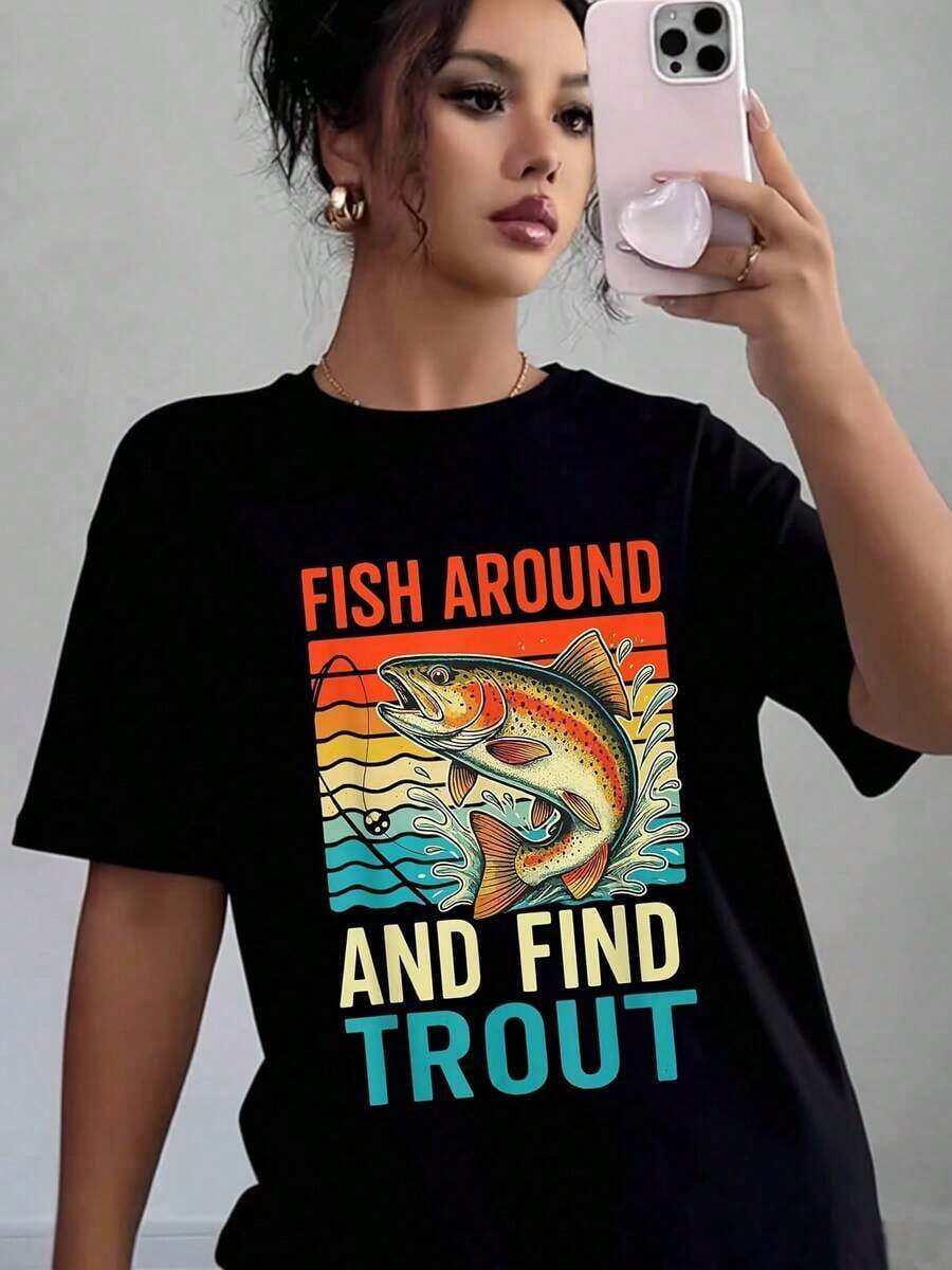 Camiseta de manga corta con estampado gráfico de peces y truchas para mujer, informal, suave y cómoda, regalo perfecto para amantes de la pesca, ideal para el Día del Padre y aventuras al aire libre, camiseta de verano. - Negro - Ver 1