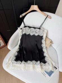 Camiseta de mujer casual y elegante, de seda suelta, ideal para viajes y vacaciones, con encaje beige.Adecuada para festivales de música/temporada de bodas, primavera/verano - Negro - Ver 6