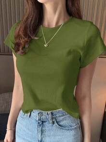 Camiseta básica de mujer de cuello redondo de unicolor de manga corta, blanca, para primavera/verano, de estilo casual de oficina - Verde - Ver 6