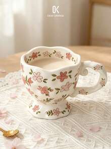 1pc Cute Handpainted Floral Ceramic Mug, Farmhouse Style Milk Cup, Coffee Cup, Home Decor Essential, Holiday & Birthday Gift - Multicolor - View 4