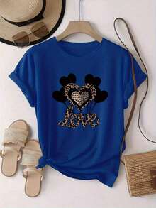 Breathable, Soft, And Versatile, This Women's Short-Sleeved, Round-Neck T-Shirt Features A Heart-Shaped Balloon Print In Black And A Leopard Print. Modern And Casual, It's Easy And Versatile For Leisure, Travel, And Vacations. 13419 Casual Fashion, Round Neck T-Shirt, Women's Warm Clothing - 藍色的 - 查看 4