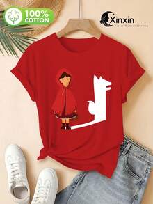 1pc of Women's Pure 100% Comfortable T-shirt, Fashionable Little Red Riding Hood and Wolf Silhouette Pattern Print, Comfortable, Soft and Breathable Casual Summer Top, Machine Washable Fairy Tale Abstract Theme Fashionable and Versatile, TPure Cotton Short-Sleeve Shirt - Negro - Ver 7