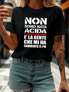 Camiseta con texto de humor italiano, cuello redondo casual para mujer, queja diaria, temporada de reuniones informales - Negro - Ver 6