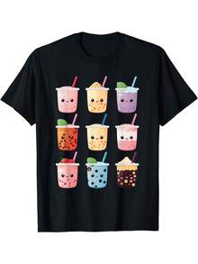 Bubble Tea Print T-Shirt For Men And Women, Kawaii Style, Boba Milk Tea Graphic Design, Unisex For Daily Wear, Summer Urban Fashion 2026, High Quality And Comfortable Casual Printed T-Shirt - 黑色 - 查看 1