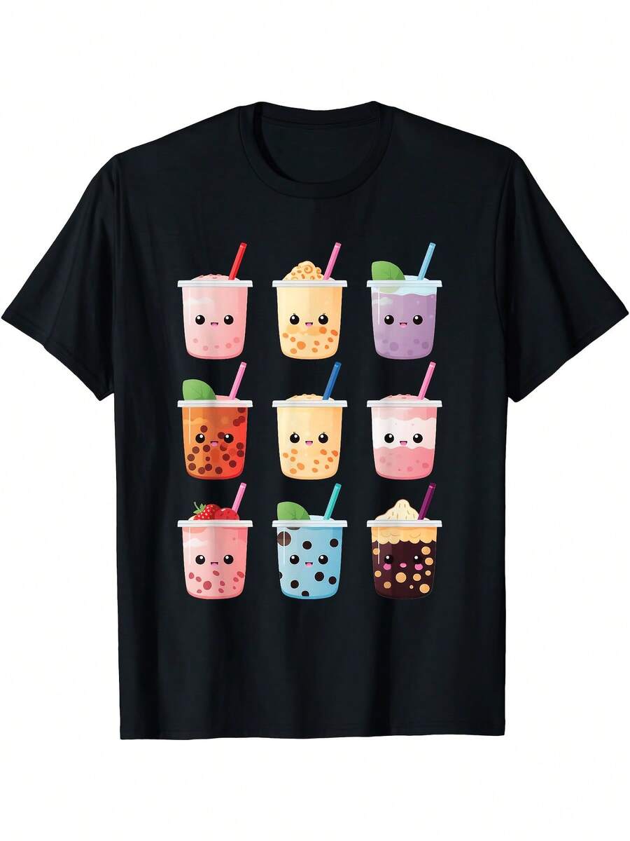 Bubble Tea Print T-Shirt For Men And Women, Kawaii Style, Boba Milk Tea Graphic Design, Unisex For Daily Wear, Summer Urban Fashion 2026, High Quality And Comfortable Casual Printed T-Shirt - 黑色 - 查看 1
