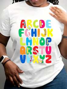 Camiseta con Letras del Alfabeto Coloridas y Artículos Escolares para Niños y Adultos, Diseño Educativo y Divertido - Blanco - Ver 7