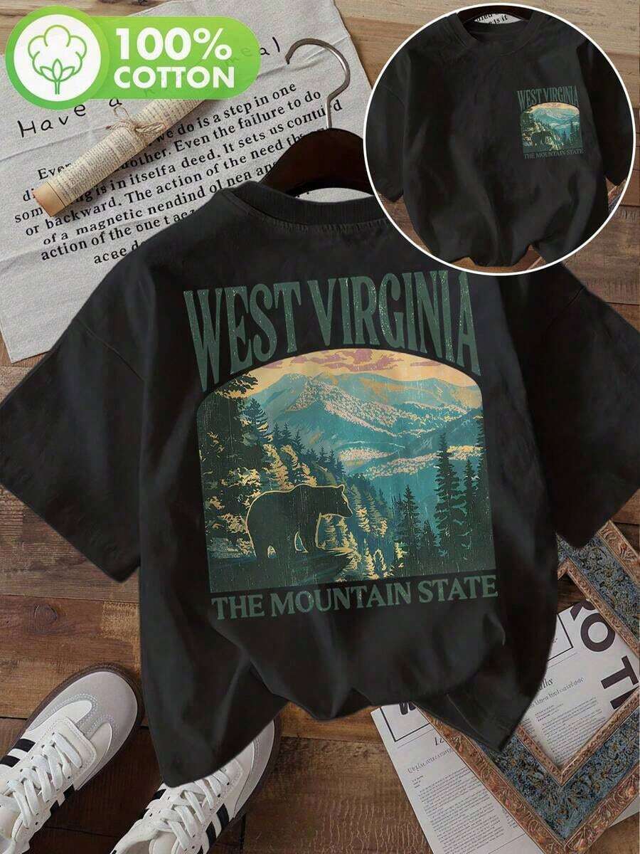 GiftBlusas para mujer con estampado de doble cara, top casual de verano para mujer, estilo vintage, estampado de montaña y oso WEST VIRGINIA THE MOUNTAIN, cuello redondo, manga corta, talla L, de gimnasio y2k, cuello redondo, 100% algodón, tejido suave, manga corta. Suave - Negro - Ver 1