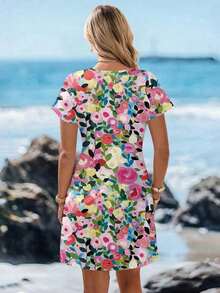 Vestido corto minimalista casual con cuello en V, adecuado para primavera y verano, ropa de verano para mujer, a rayas de colores, ropa de resort para mujer - Multicolor 3 - Ver 6
