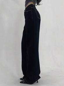 Pantalones vaqueros versátiles y casuales de mujer con bolsillos y estampado de leopardo, estilo Y2K - Negro - Ver 8