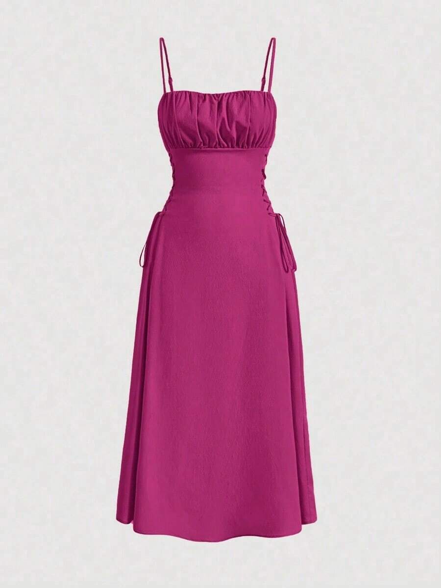 Vestido de tirantes unicolor pecho con fruncido con cordón lateral - Rosa Fucsia - Ver 1