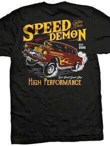 Breathable Short-Sleeve T-Shirt, Lollapalooza Chicago 2021 Parody - Speed Demon Graphic Print, Vintage Car And Musical Note, Breathable Sweat-Wicking Fabric, Casual Wear For All Seasons, Regular Fit, Casual Summer Style. - 黑色 - 查看 5