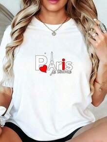 Impresión de letras eleganteWomen's Casual Summer Top Black-Shirt Heart Print With Tower Pattern And Words Paris Je'Aime Western Graphic Tees Men Clothes Camisas Para Hombre Graphic Tees Women Clothes Summer Tops Summer Clothes Graphic Tee Shirts,ropa de mujer holgada,un imprescindible para las vacaciones,disfraces y accesorios de Halloween,Camisetas de apoyo al Mundial,Conjuntos a juego para padres e hijos, camisetas para hombre, camisetas para mujer, camisetas para niños - Blanco - Ver 1