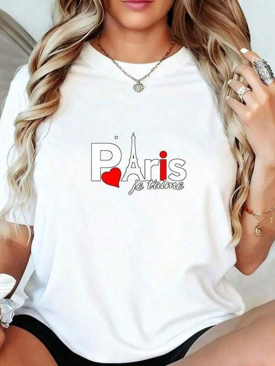 Impresión de letras eleganteWomen's Casual Summer Top Black-Shirt Heart Print With Tower Pattern And Words Paris Je'Aime Western Graphic Tees Men Clothes Camisas Para Hombre Graphic Tees Women Clothes Summer Tops Summer Clothes Graphic Tee Shirts,ropa de mujer holgada,un imprescindible para las vacaciones,disfraces y accesorios de Halloween,Camisetas de apoyo al Mundial,Conjuntos a juego para padres e hijos, camisetas para hombre, camisetas para mujer, camisetas para niños - Blanco - Ver 1
