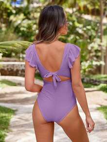 Traje de baño de maternidad de un solo color con corte y detalle de nudo para vacaciones en la playa - Morado - Ver 2