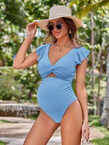 Swim Vcay Traje de baño de una pieza sencillo y elegante sin mangas de unicolor, ropa de playa para mujeres embarazadas - Celeste - Ver 5