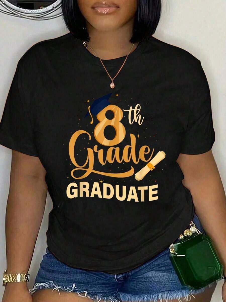 Camia 100% Algodón para Graduación de 8º Grado, Nivel 8, para Hombres y Mujeres, Unisex, Clásica, Cómoda, de Cuello Redondo, Talla Grande, Transpirable y Confortable - Negro - Ver 1
