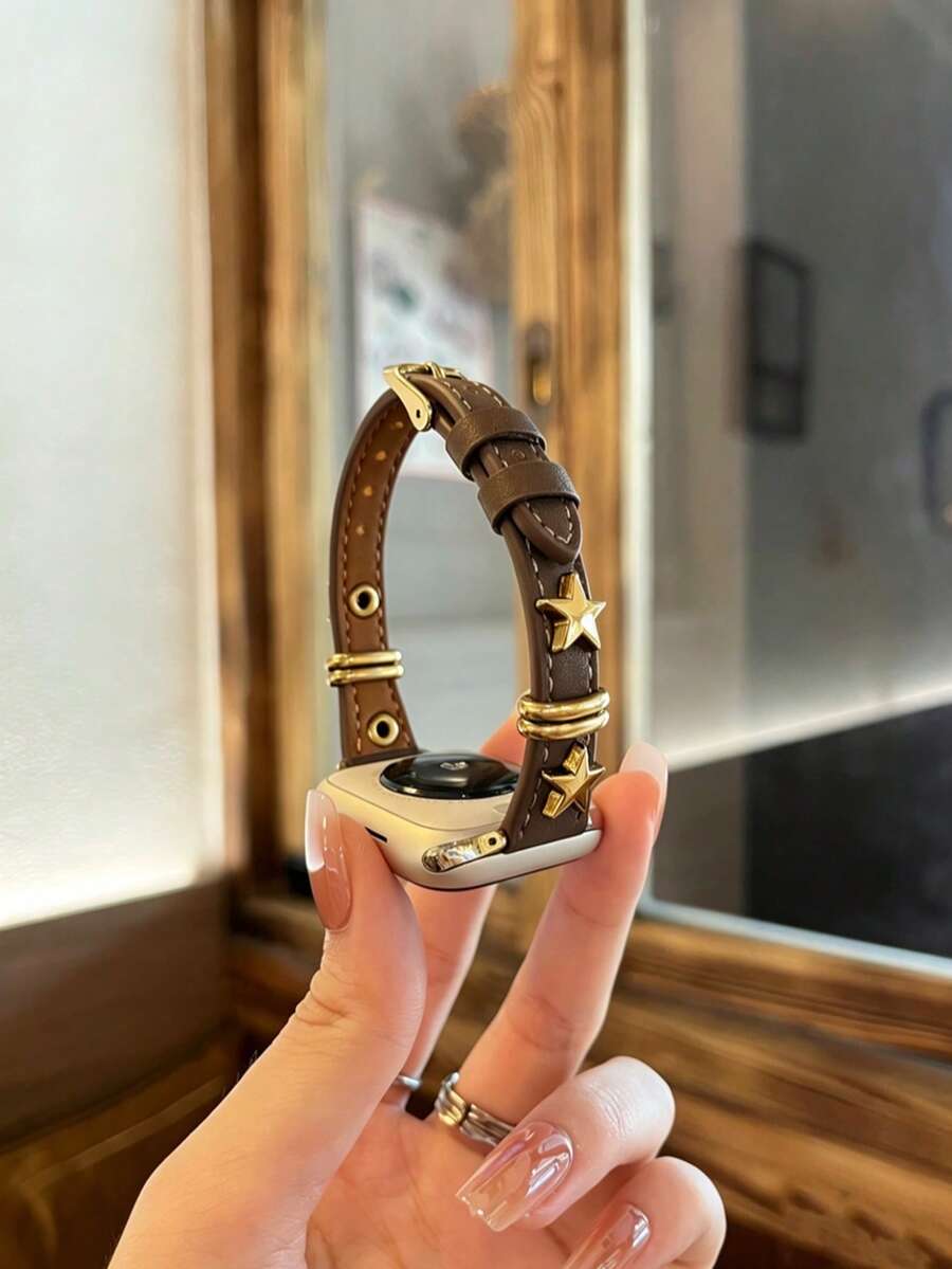 1条女士时尚优雅星形装饰真皮表带，兼容 38mm、40mm、41mm、42mm、44mm、45mm、46mm、49mm，兼容 Series Ultra、S10、9/8/7/6/5/4/3/2/1、SE，适合万圣节佩戴 - gris brown - 查看 1