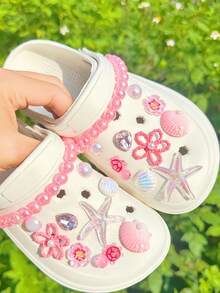 20 Stücke/Set Rosa Ozean Serie DIY Perlen Kette Schuh Blumen, Seestern, Blume, Strass Dekoration für Sandalen, Strandschuhe, Gartenschuhe, Pantoffeln, Urlaubsgeschenk - Pink - Übersicht 6