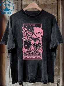 Camiseta de manga corta para mujer, lavada al agua, cuello redondo vintage con diseño gráfico rosa, ideal para uso casual en la sala de estar, hecha de tela suave, color negro - Negro - Ver 4