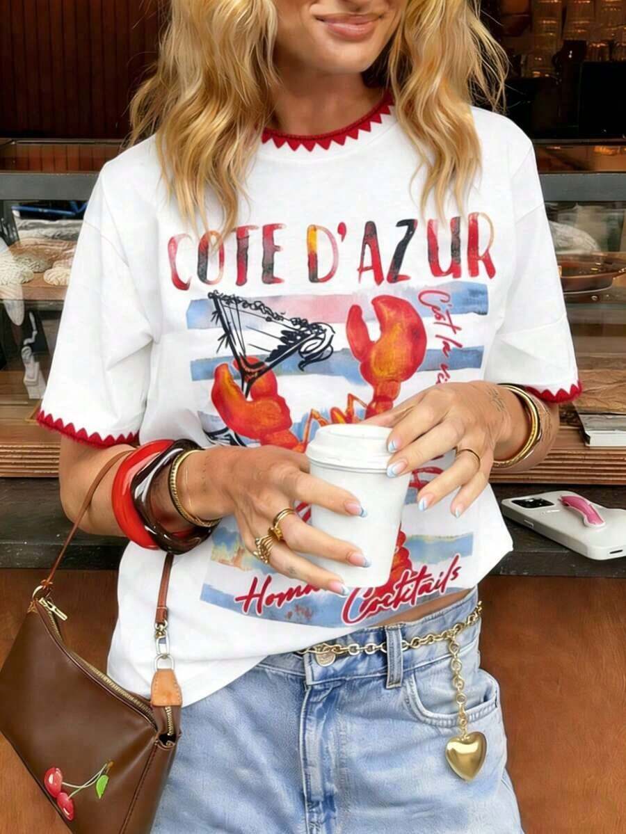 Camiseta casual de mujer con estampado de langosta / Bordado de concha / Casual diario / Verano - Multicolor 4 - Ver 1