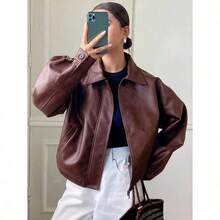 New Autumn/Winter Collection: Women's Loose-Fit, Casual, And Thickened PU Leather Jacket (Regular Cut) - Women's Outerwear - Màu Đỏ Sâu - Xem 1