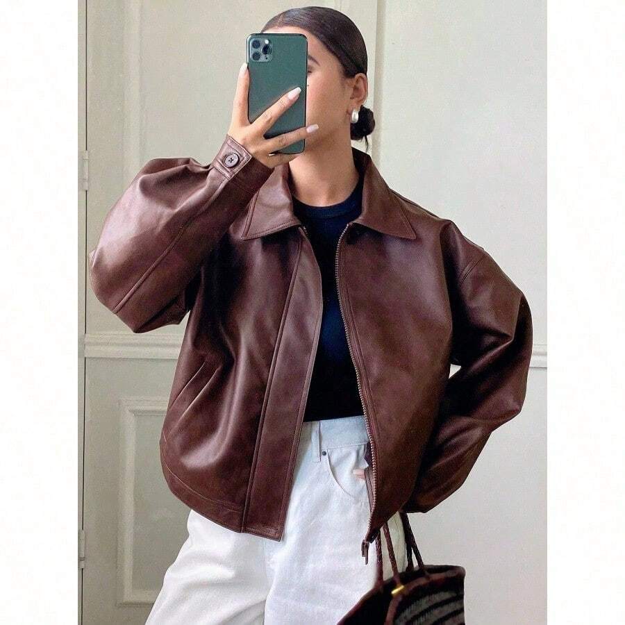 New Autumn/Winter Collection: Women's Loose-Fit, Casual, And Thickened PU Leather Jacket (Regular Cut) - Women's Outerwear - Màu Đỏ Sâu - Xem 1