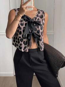 Camisa casual sin mangas con nudo delantero y estampado de leopardo para mujer - Rosa - Ver 3
