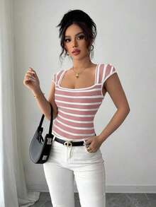Camiseta de punto de rayas ajustada, estilo minimalista francés, top casual de manga corta, ideal para fiestas, primavera/verano - Rosa - Ver 3