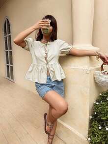 Camisa de mujer de cuello redondo de manga corta, camisa con estampado de cebra con lazo y manga abullonada, blusa de verano de cuello en V con volantes y manga abullonada de corte regular y ajuste casual para uso diario, blusa casual de estampado de animal de manga corta para primavera/verano - Albaricoque - Ver 8