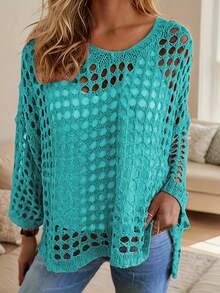 Loose-Fitting Versatile Hollow-Out Knitted Sun Protection Cover-Up Beachwear - Peacock Blue - View 5