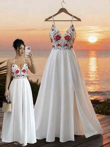Vestido largo con abertura, escote en V, estampado floral, espalda elástica, diseño elegante y casual para uso diario, vacaciones y días festivos - Multicolor - Ver 1