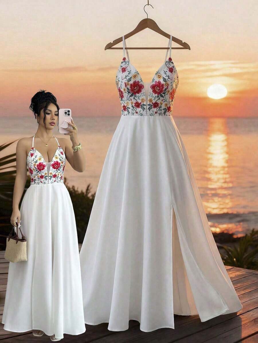 Vestido largo con abertura, escote en V, estampado floral, espalda elástica, diseño elegante y casual para uso diario, vacaciones y días festivos - Multicolor - Ver 1