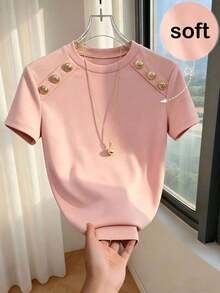Camiseta ajustada de mujer de manga corta con cuello redondo y decoración de botones en color albaricoque sólido, adecuada para uso diario, casual y versátil, para verano - Rosa coral - Ver 7