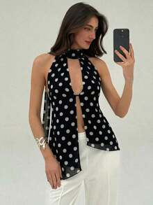 Top con cuello halter y espalda descubierta, asimétrico y sexy para mujer - Blanco y Negro - Ver 6