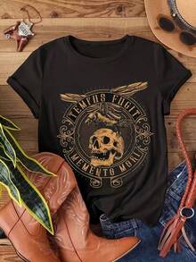 Casual cuello redondo negro de las mujeres Casual cuello de manga corta caída hombro de tela de punto longitud Regular T-Shirt FOMD - Negro - Ver 2
