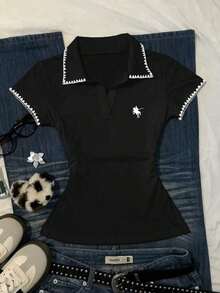 Camiseta casual de mujer con ribete de contraste y cintura fruncida, para verano - Negro - Ver 7