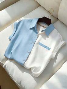 Blusa elegante de manga corta con bloques de color para mujer, verano - Celeste - Ver 6