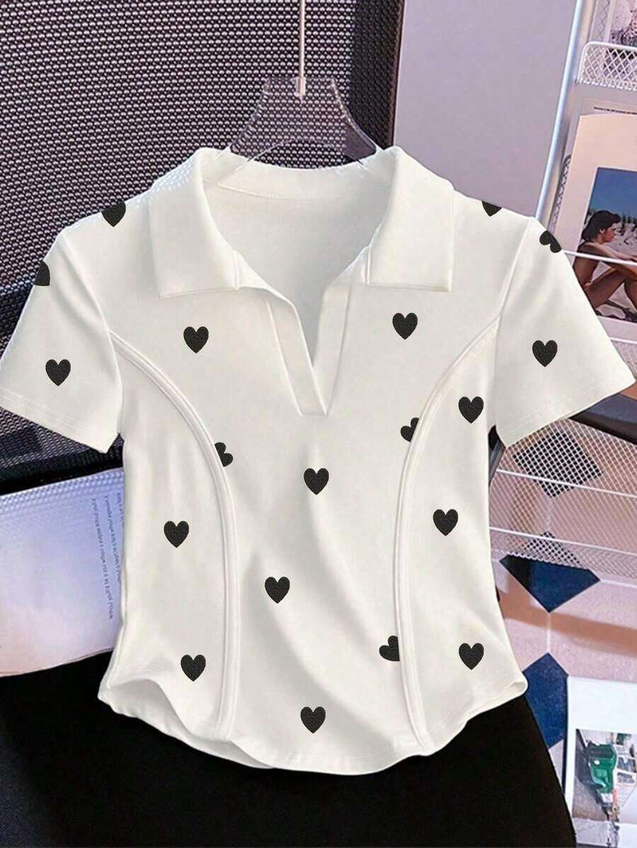 Camiseta de mujer casual de manga corta con cuello polo, estampado de caballero a rayas y contraste de color - Blanco 4 - Ver 1