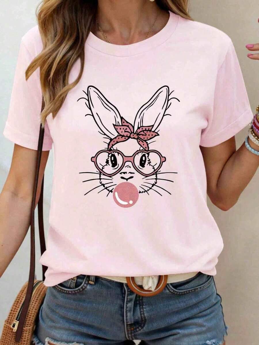 Short-Sleeved T-Shirt With A Round Neck And Cartoon Rabbit Design, Suitable For Casual Easter Wear. - Pale Pink - View 1