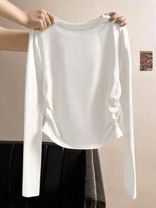 Camiseta casual de manga larga, cuello redondo, con estampado de lazo, color negro para mujer - Blanco - Ver 2