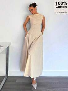 Vestido Largo con Cierre y Decoración Metálica para Mujer , Nuevo Vestido de Noche Elegante Negro de Verano para Eventos Formales - Albaricoque - Ver 11