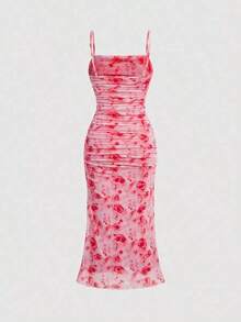 Vestido de mujer con estampado floral vintage, bloques de color, tirantes de hombro y pliegues en la cintura - Rojo - Ver 2