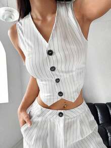 Unity Conjunto de top sin mangas con botones frontales a rayas y pantalones largos para mujer - Blanco - Ver 6