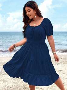 Clasi Vestido corto de manga corta en color burdeos de uso diario, sencillo y liso para mujeres de talla grande - Azul marino - Ver 5