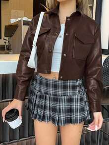 Chaqueta de PU con botones, bolsillo con solapa y hombros caídos para otoño/invierno - Café integral - Ver 1