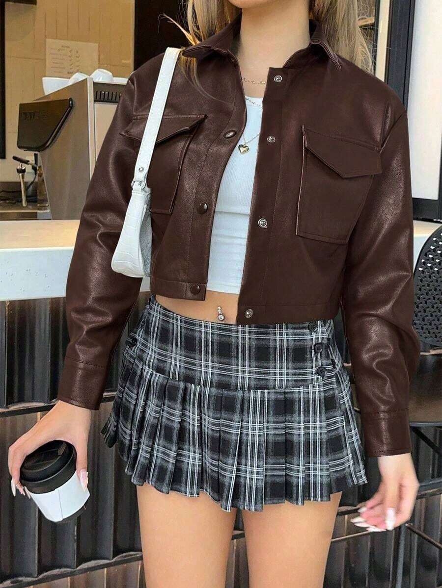 Chaqueta de PU con botones, bolsillo con solapa y hombros caídos para otoño/invierno - Café integral - Ver 1